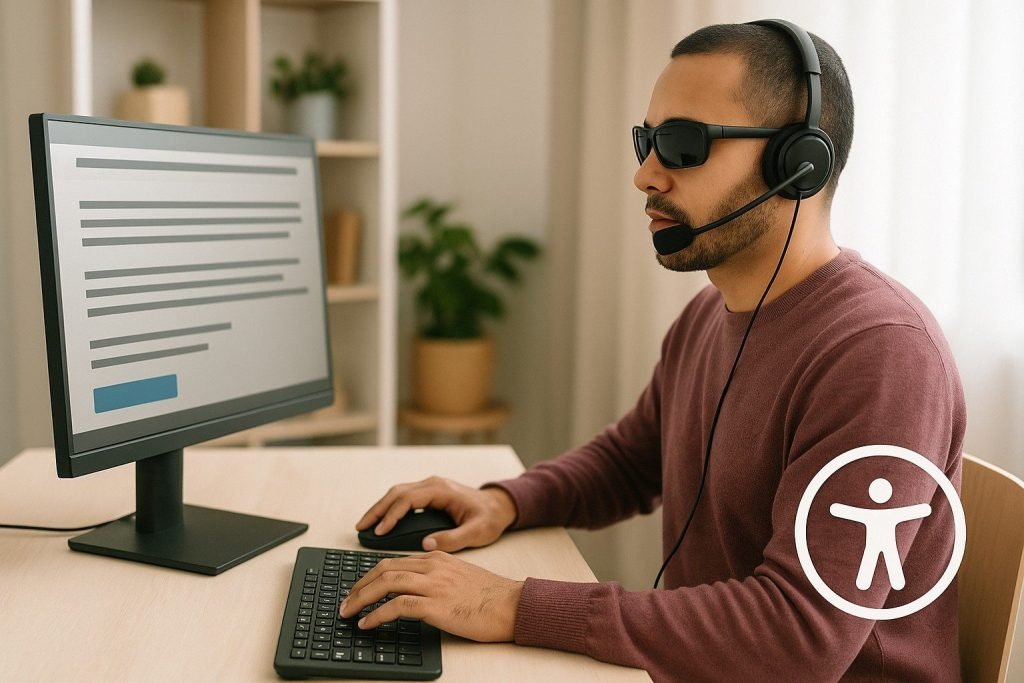 Man wearing dark glasses and a headset uses a computer with a keyboard and mouse at a desk.