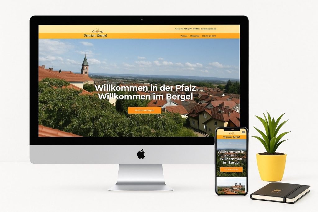 Custom WordPress Web Design USA – Secure & SEO-Ready 7 Pension Bargel website displayed on a desktop and a mobile phone, featuring a scenic view of Pfalz, Germany.