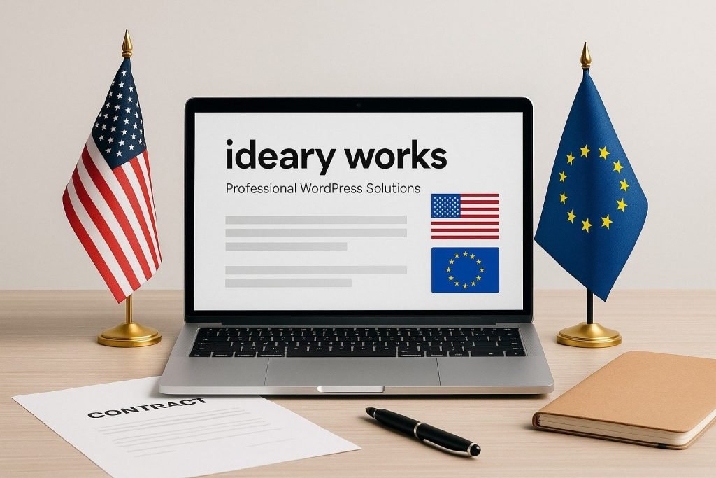 Laptop displaying 'ideary works, Professional WordPress Solutions' with American and EU flags on either side.