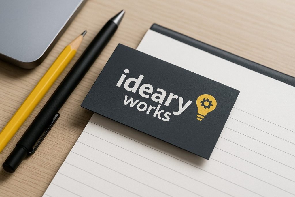 Ideary Works business card on a notebook with a laptop, pen, and pencil on a wooden desk.