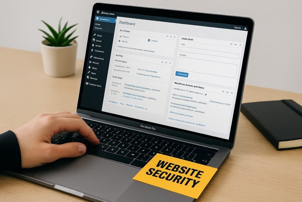 Person types on laptop with dashboard display; "Website Security" sticky note is on the keyboard. A plant and notepad are visible.