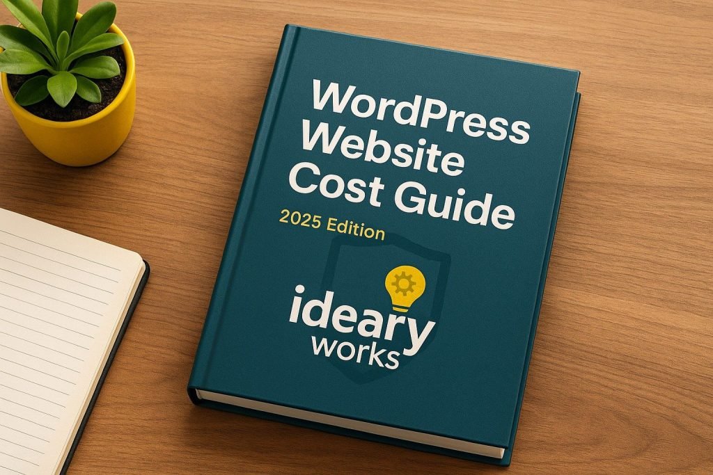 Book cover: 'WordPress Website Cost Guide, 2025 Edition' by Ideary Works, on a wood table with a notebook and plant.