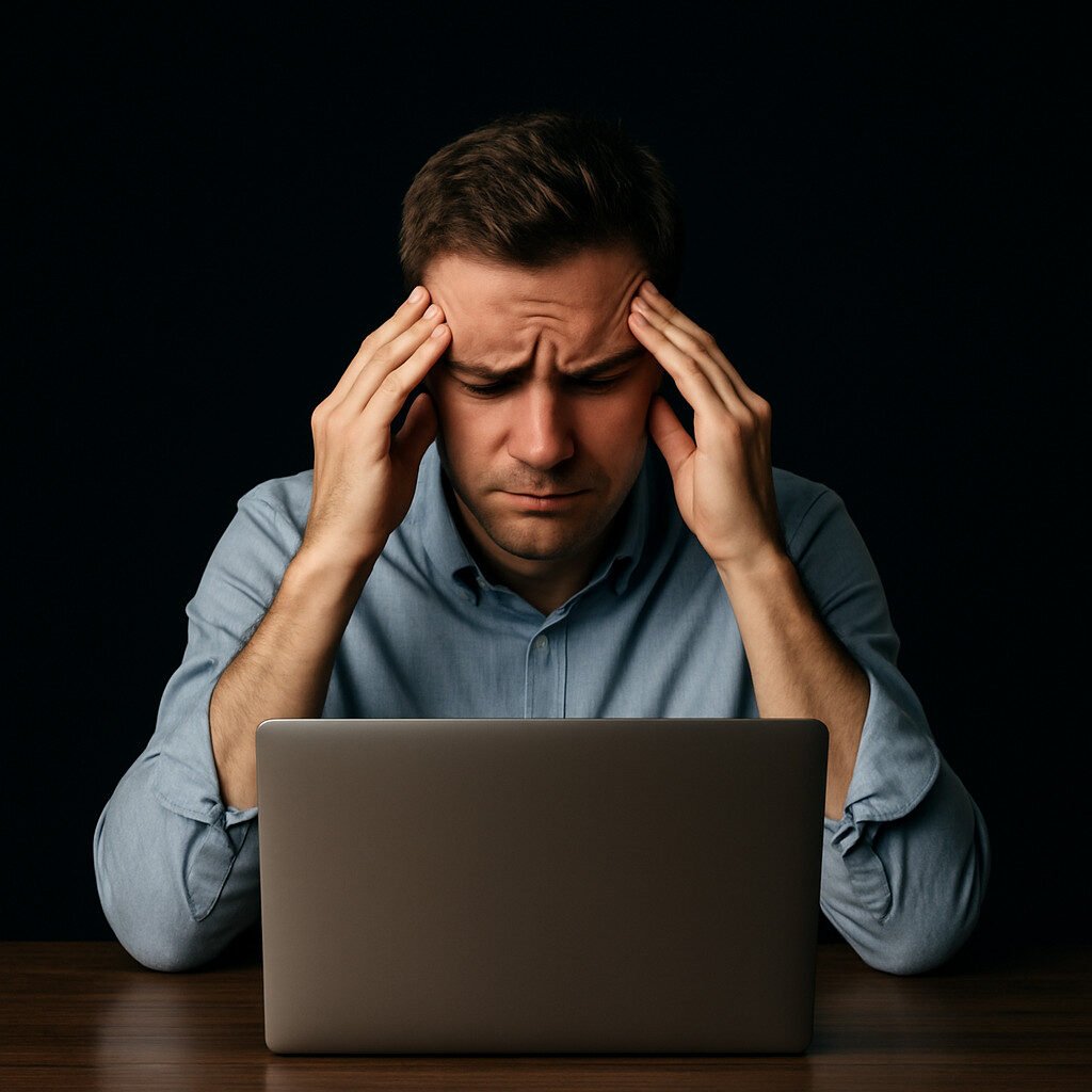 Custom WordPress Web Design USA – Secure & SEO-Ready 4 Man with a furrowed brow, holding his head while looking at a laptop screen, suggesting stress or frustration.