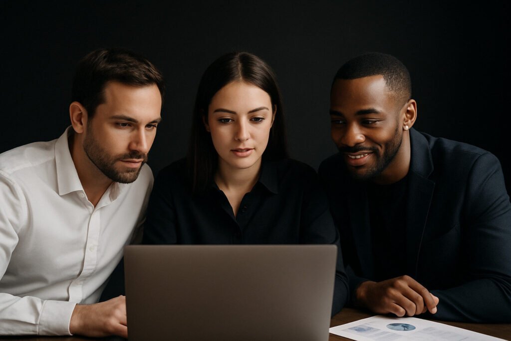 ADA-Compliant WordPress Websites – Built for U.S. Law 4 Three business people collaborating, looking at a laptop screen with charts and data visible on desk.