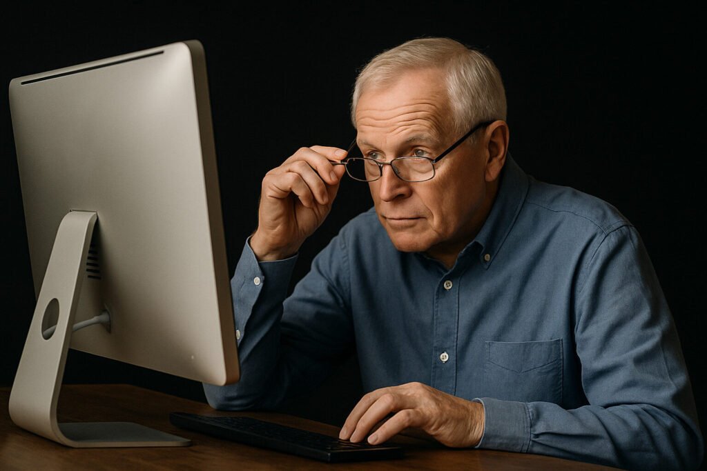 ADA-Compliant WordPress Websites – Built for U.S. Law 6 Senior man with glasses looking intently at a computer screen while typing on a keyboard.