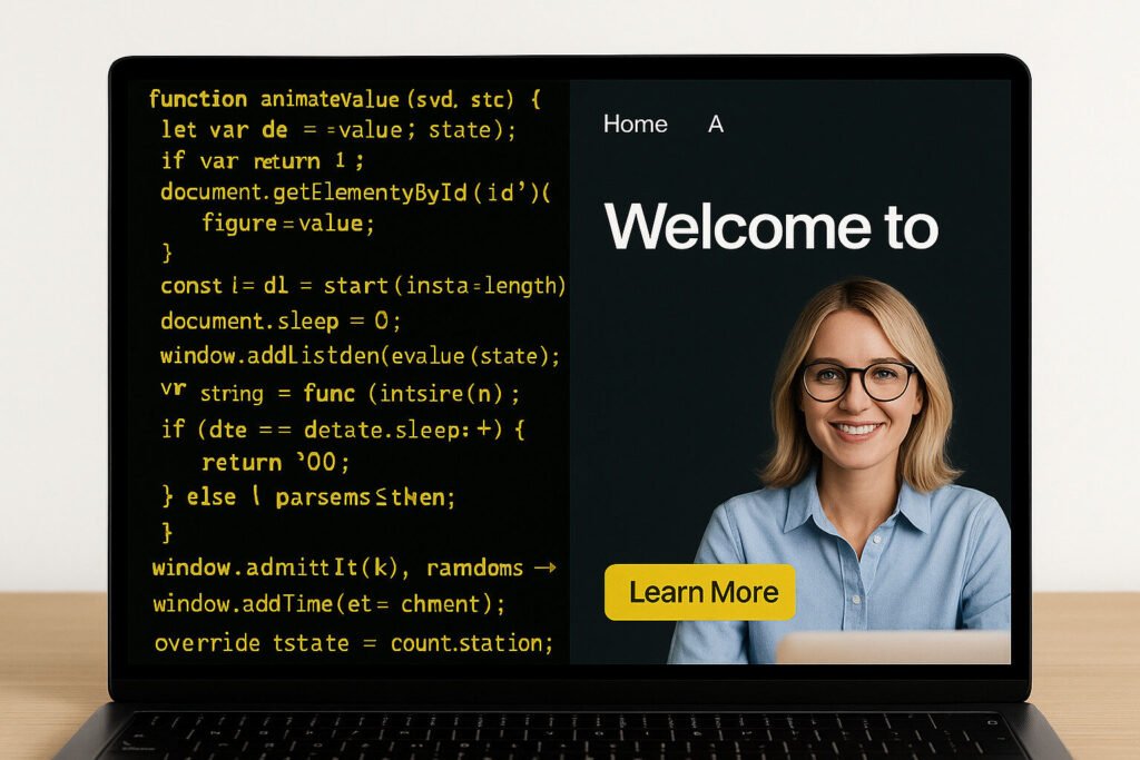 Laptop displaying code on one side and a 'Welcome' message with a person and 'Learn More' button on the other.