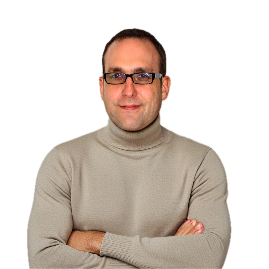 Custom WordPress Web Design USA – Secure & SEO-Ready 6 Portrait of a man with glasses and a turtleneck, arms crossed, against a black background.