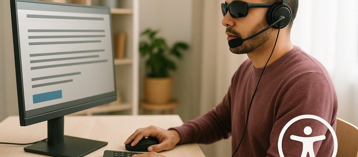 Man wearing dark glasses and a headset uses a computer with a keyboard and mouse at a desk.
