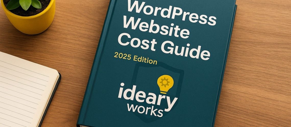 Book cover: 'WordPress Website Cost Guide, 2025 Edition' by Ideary Works, on a wood table with a notebook and plant.