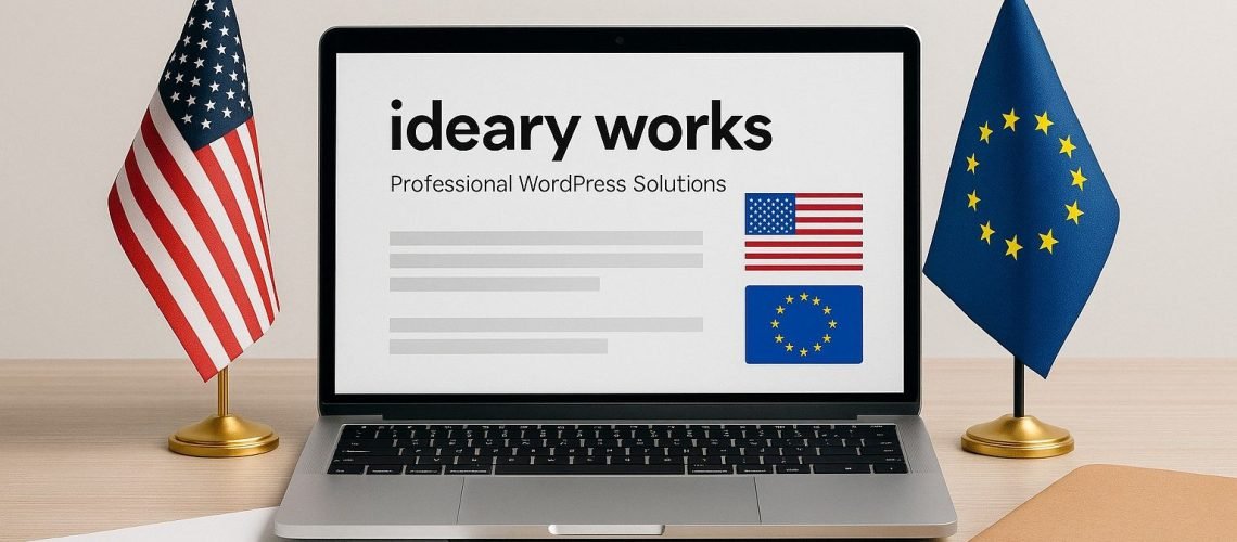 Laptop displaying 'ideary works, Professional WordPress Solutions' with American and EU flags on either side.