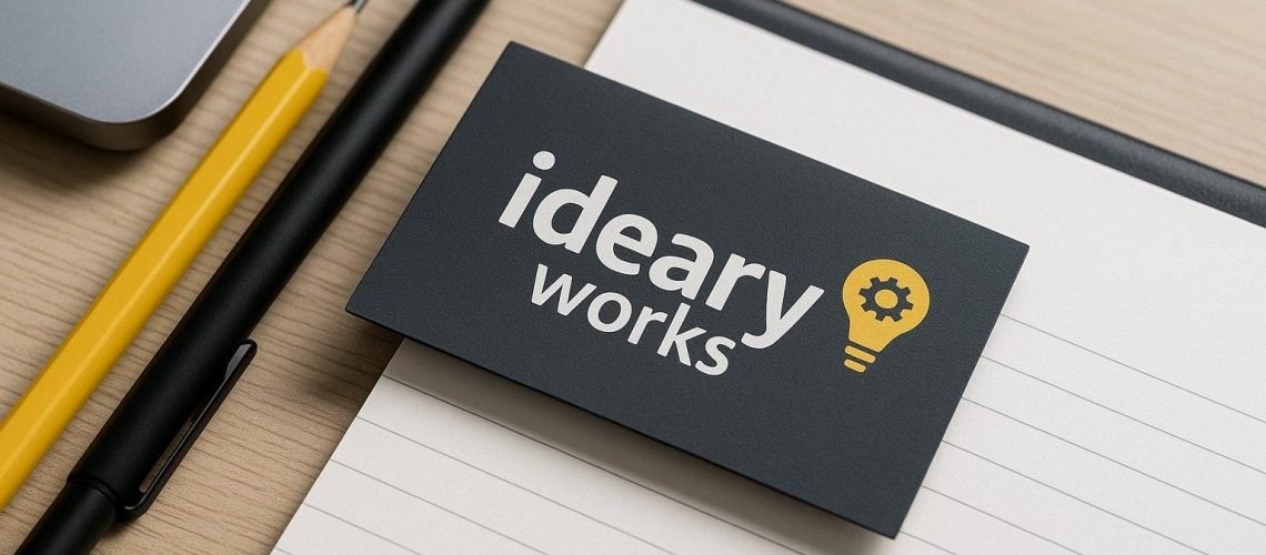 Ideary Works business card on a notebook with a laptop, pen, and pencil on a wooden desk.
